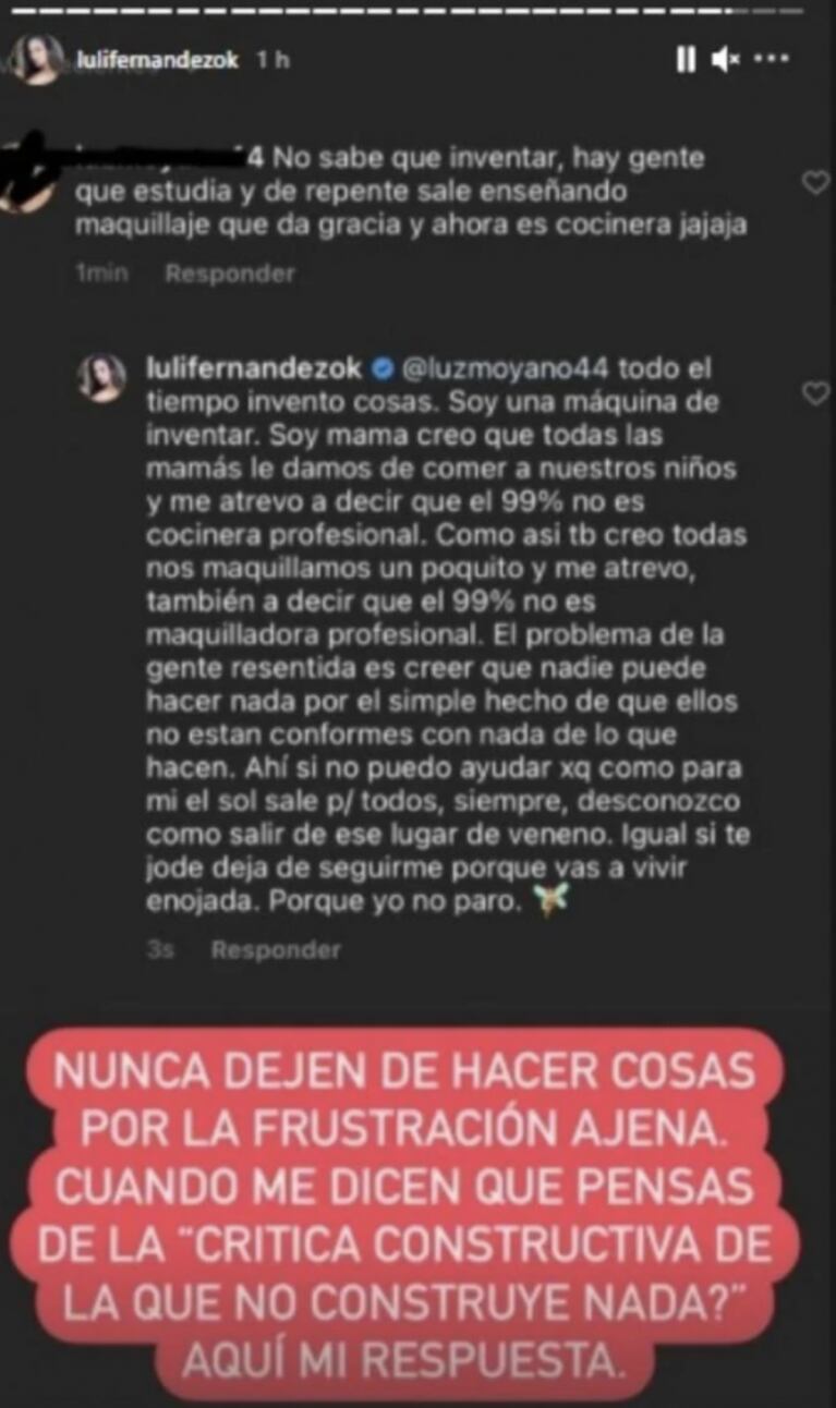 Fuerte cruce de Luli Fernández con una seguidora que la criticó por enseñar a cocinar: "Nunca dejen de hacer cosas por la frustración ajena"