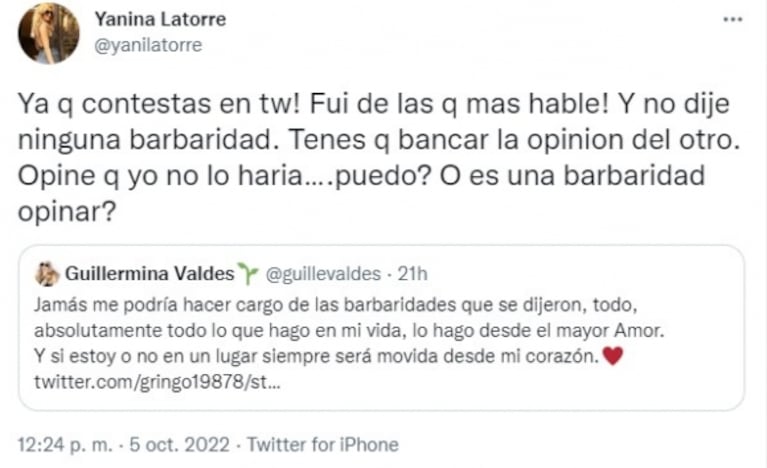 Fuerte cruce de Yanina Latorre con Guillermina Valdés: "Tenés que bancarte la opinión del otro"
