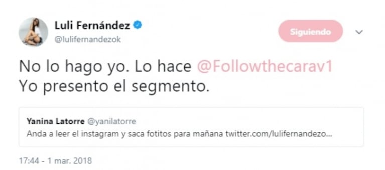 Fuerte cruce de Yanina Latorre con Luli Fernández en Twitter: "Vos trabajás de leer posteos en Instagram"