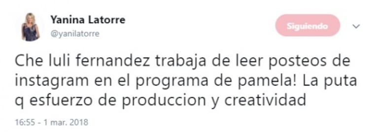 Fuerte cruce de Yanina Latorre con Luli Fernández en Twitter: "Vos trabajás de leer posteos en Instagram"