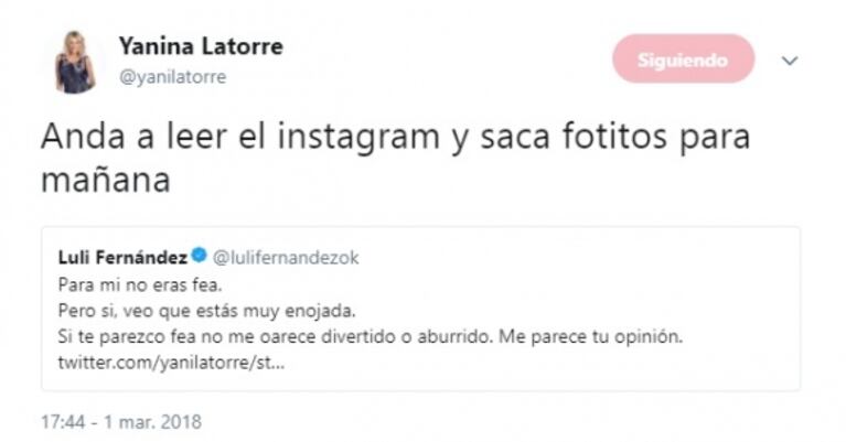 Fuerte cruce de Yanina Latorre con Luli Fernández en Twitter: "Vos trabajás de leer posteos en Instagram"
