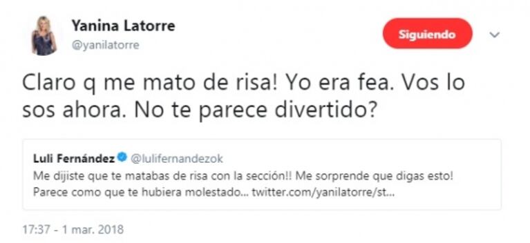Fuerte cruce de Yanina Latorre con Luli Fernández en Twitter: "Vos trabajás de leer posteos en Instagram"