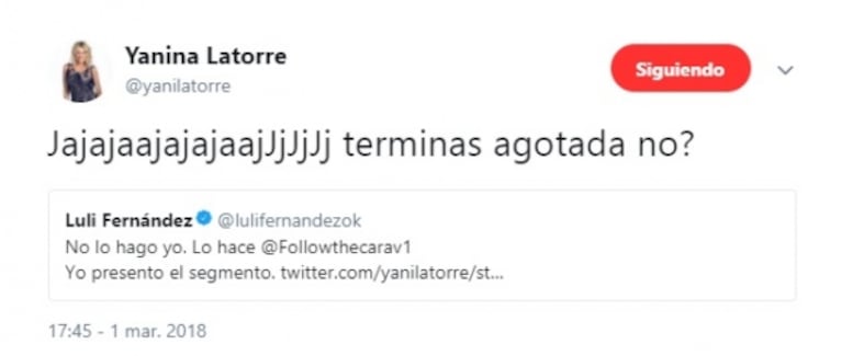 Fuerte cruce de Yanina Latorre con Luli Fernández en Twitter: "Vos trabajás de leer posteos en Instagram"