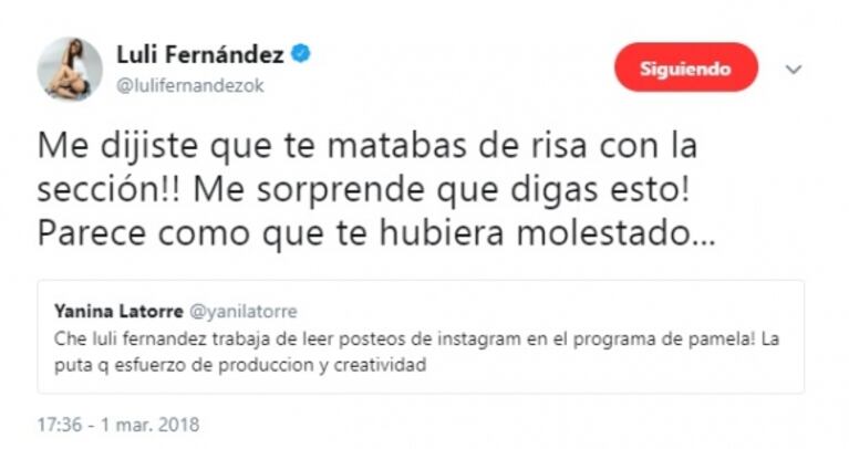 Fuerte cruce de Yanina Latorre con Luli Fernández en Twitter: "Vos trabajás de leer posteos en Instagram"
