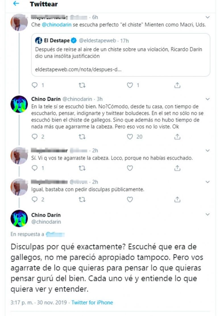 Fuerte cruce del Chino Darín con un seguidor que lo acusó de reírse de un chiste sobre una violación: "Nunca me reiría de algo así"