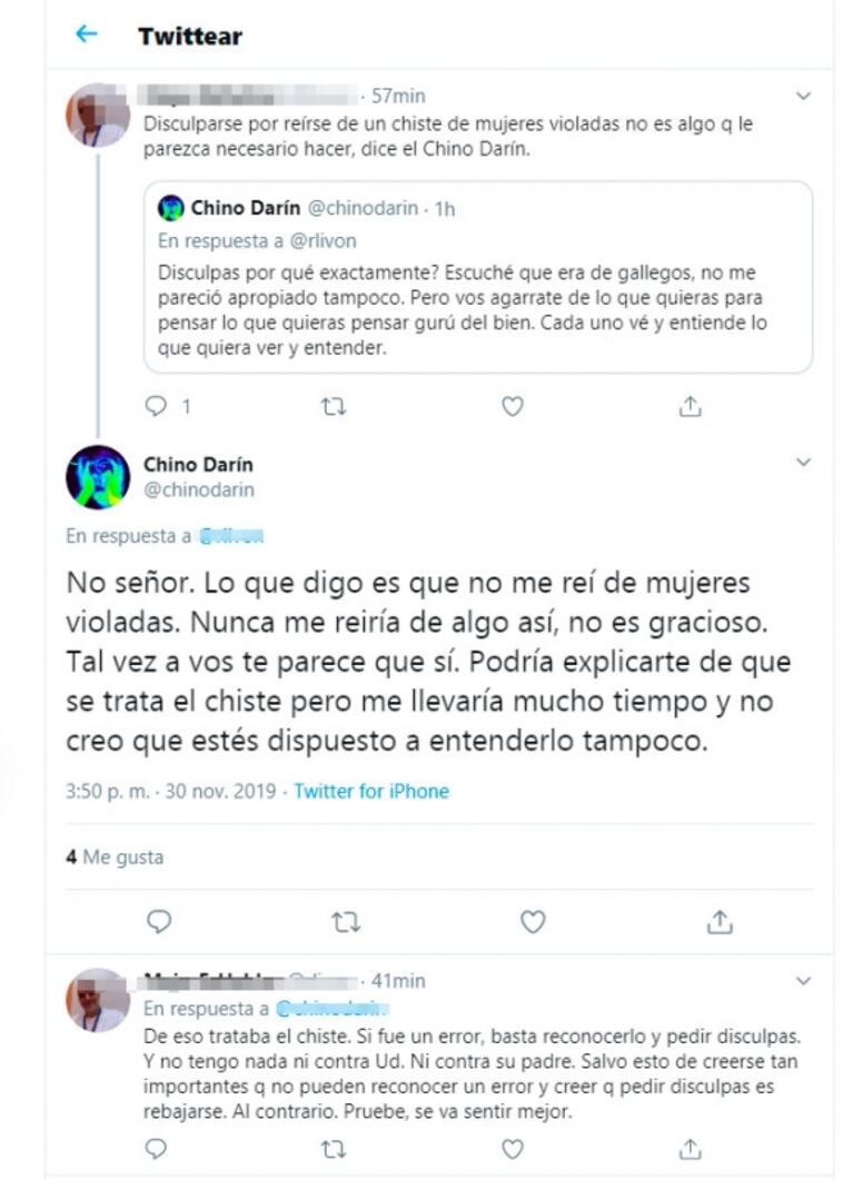 Fuerte cruce del Chino Darín con un seguidor que lo acusó de reírse de un chiste sobre una violación: "Nunca me reiría de algo así"