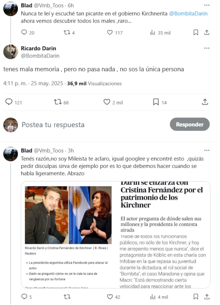 Fuerte cruce en redes: Ricardo Darín contestó a una crítica por su postura política. Crédito: Captura X