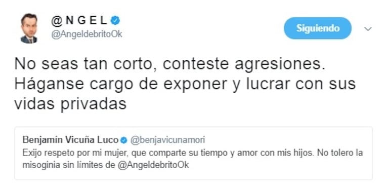 Fuerte cruce en Twitter de Benjamín Vicuña con Ángel de Brito por la China Suárez: "No tolero la misoginia sin límites"