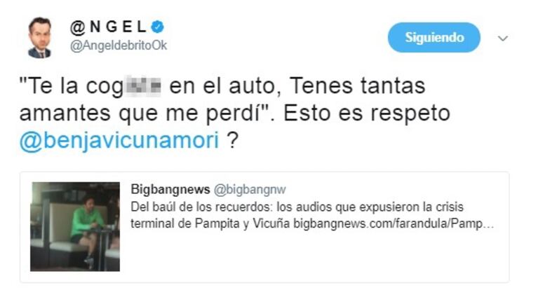 Fuerte cruce en Twitter de Benjamín Vicuña con Ángel de Brito por la China Suárez: "No tolero la misoginia sin límites"