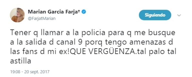 Fuerte denuncia de Marian Farjat: "¡Qué vergüenza ir con seguridad a todos lados porque tengo amenazas de muerte de las fans de mi ex! De tal palo, tal astilla"