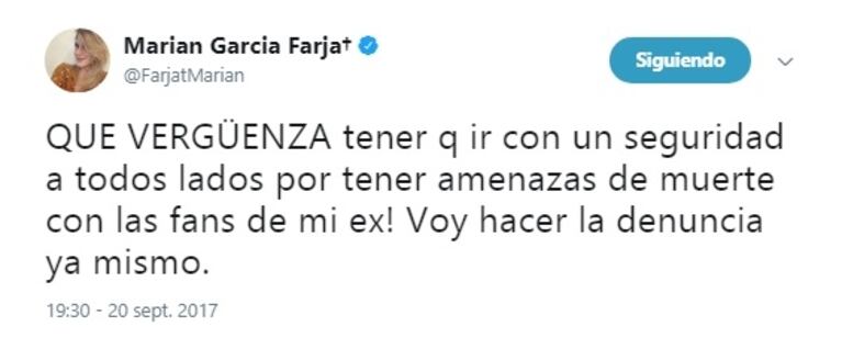 Fuerte denuncia de Marian Farjat: "¡Qué vergüenza ir con seguridad a todos lados porque tengo amenazas de muerte de las fans de mi ex! De tal palo, tal astilla"