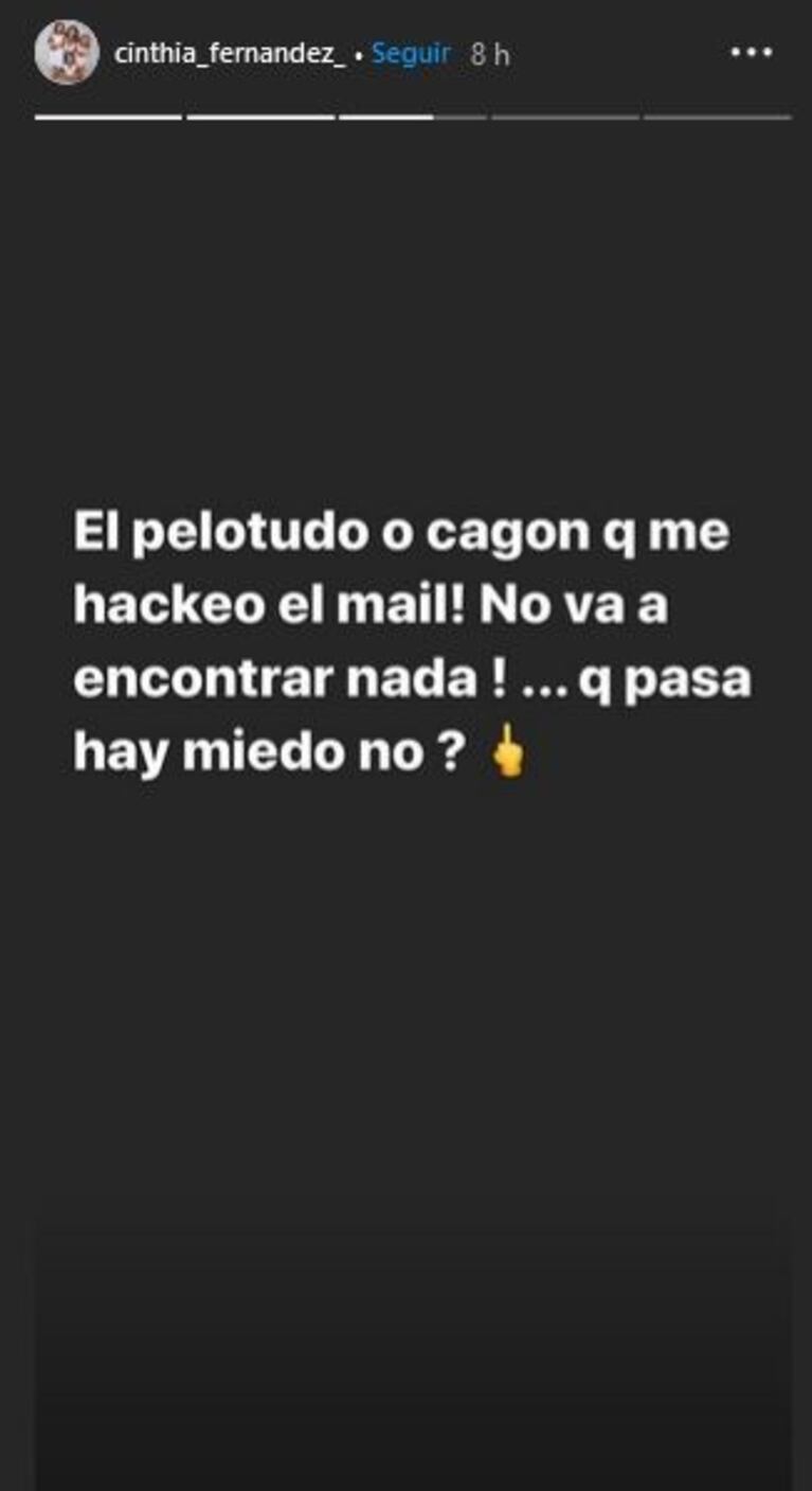 Fuerte denuncia pública de Cinthia Fernández ¿contra Baclini?: "Me hackearon el mail, ¿qué pasa, hay miedo?"