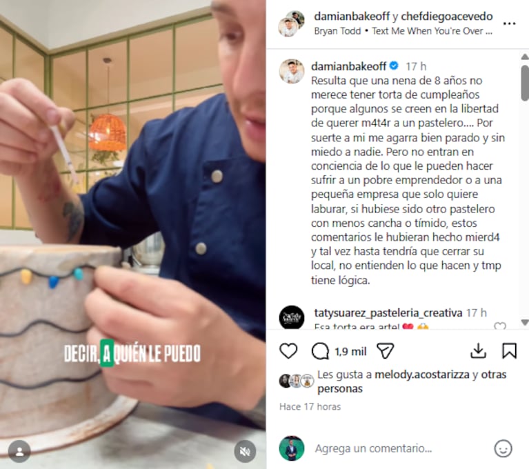 Fuerte descargo de Damián de Bake Off luego del hostigamiento por la torta que le hizo a la China Suárez | Créditos: Instagram @damianbakeoff