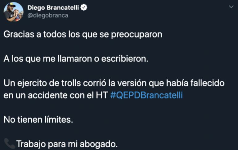 Fuerte descargo de Diego Brancatelli, tras ser dado por muerto en Twitter: "La imbecibilidad no tiene límites"
