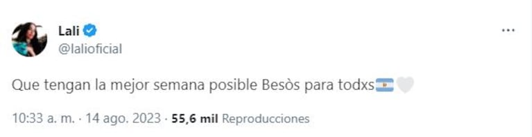 Fuerte descargo de Lali Espósito tras las críticas por su tweet sobre las PASO 2023: “Anti-derecho”