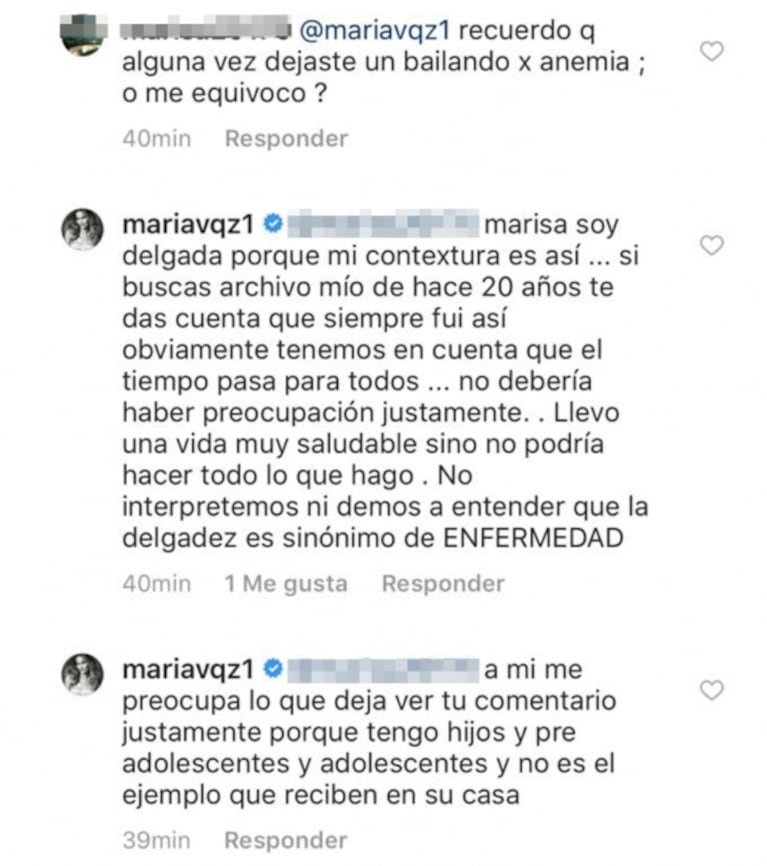 Fuerte descargo de María Vázquez ante comentarios en Instagram criticándola por una supuesta delgadez extrema