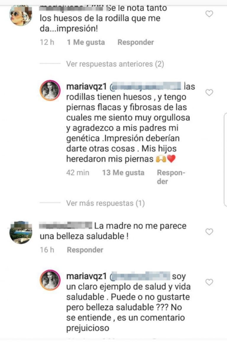 Fuerte descargo de María Vázquez ante comentarios en Instagram criticándola por una supuesta delgadez extrema