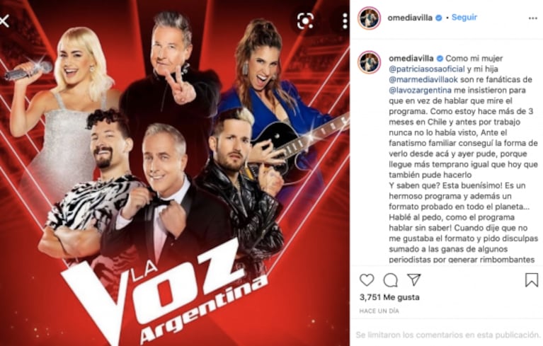 Fuerte descargo de Oscar Medavilla por sus fuertes críticas a Mau y Ricky en La Voz: "Pido perdón"