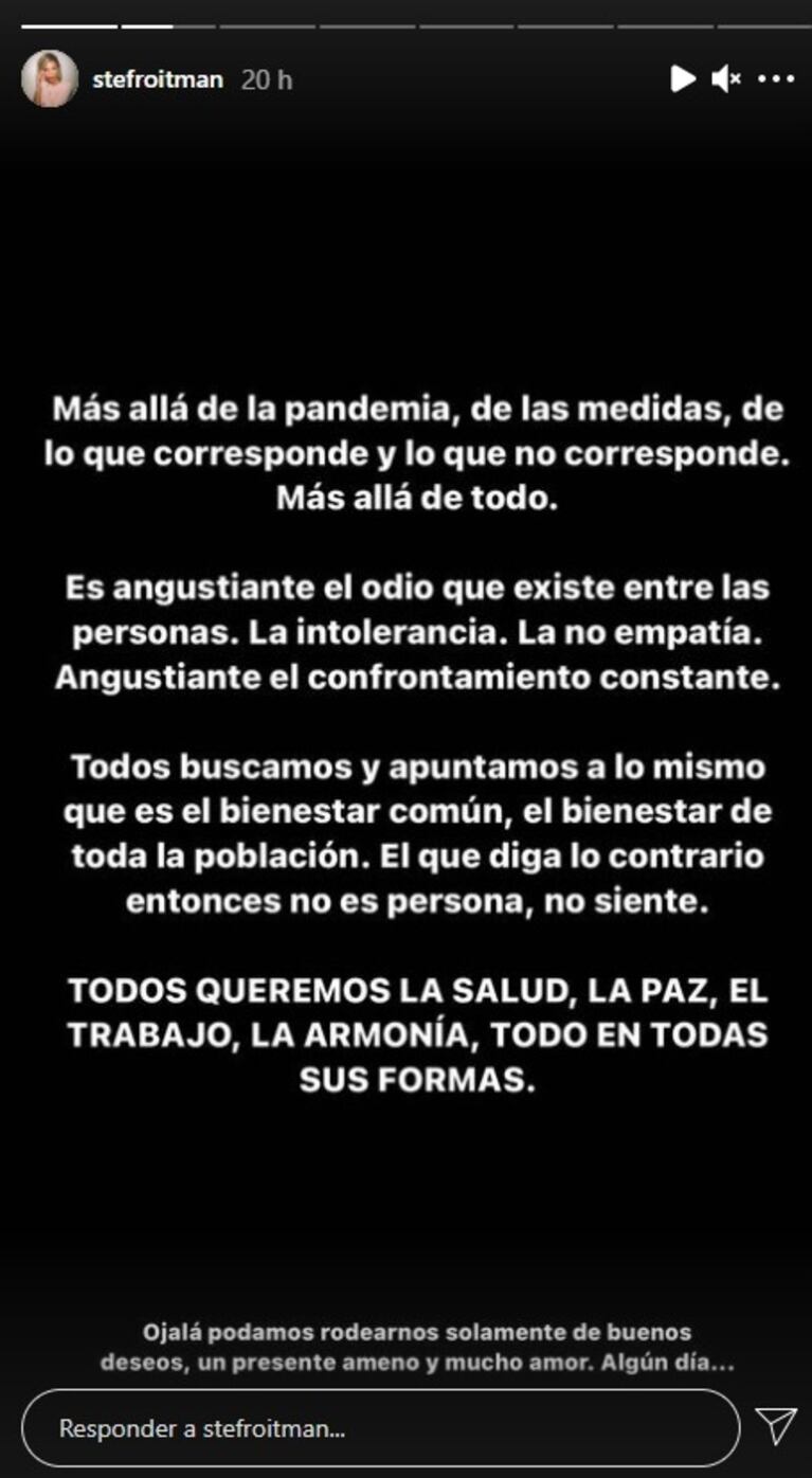 Fuerte descargo de Stefi Roitman tras las críticas que recibió por su polémico comentario: "Es angustiante el odio que existe entre las personas"