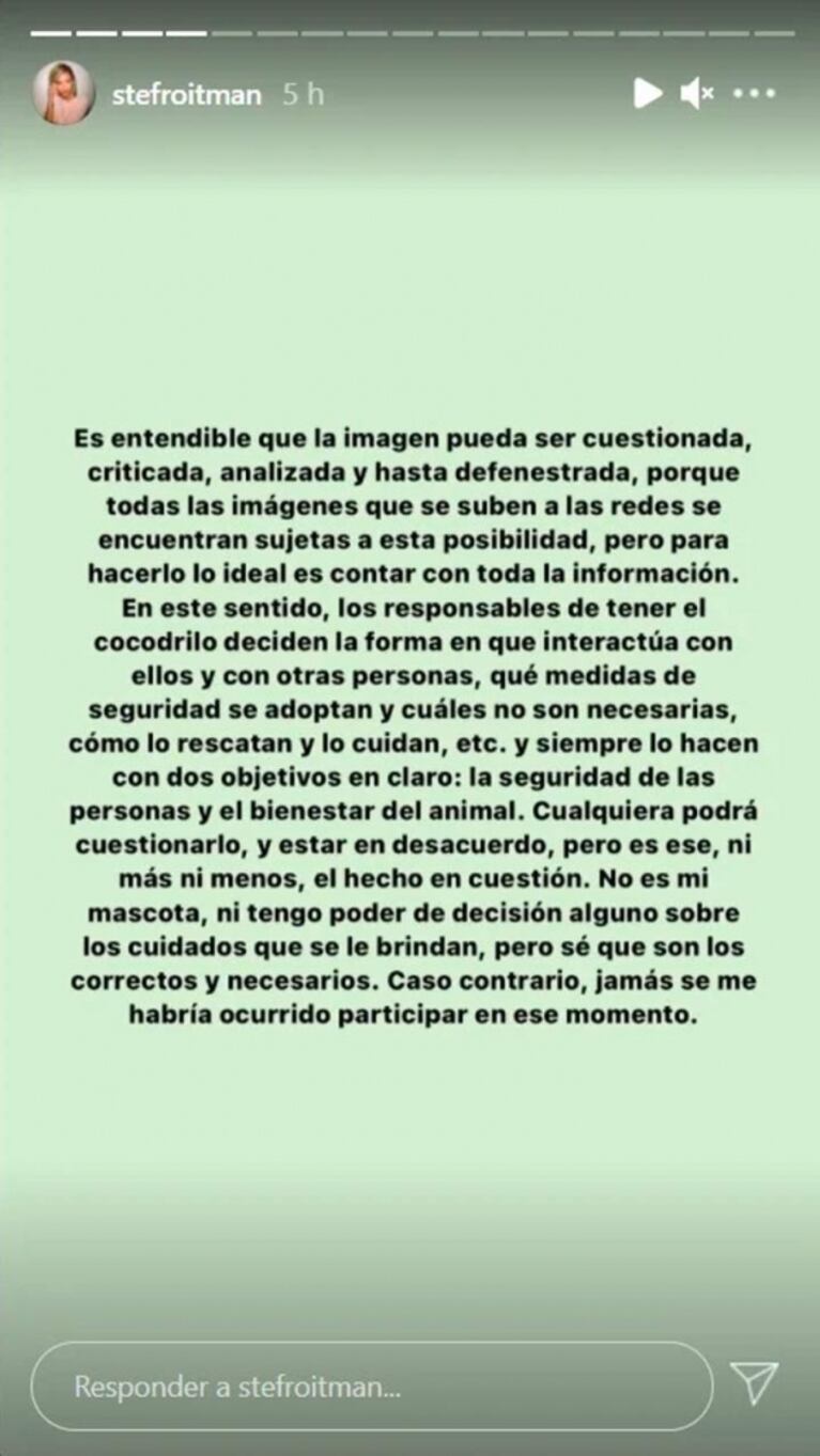 Fuerte descargo de Stefi Roitman tras ser acusada de maltratar a un cocodrilo: "Es preciso contar con toda la información"