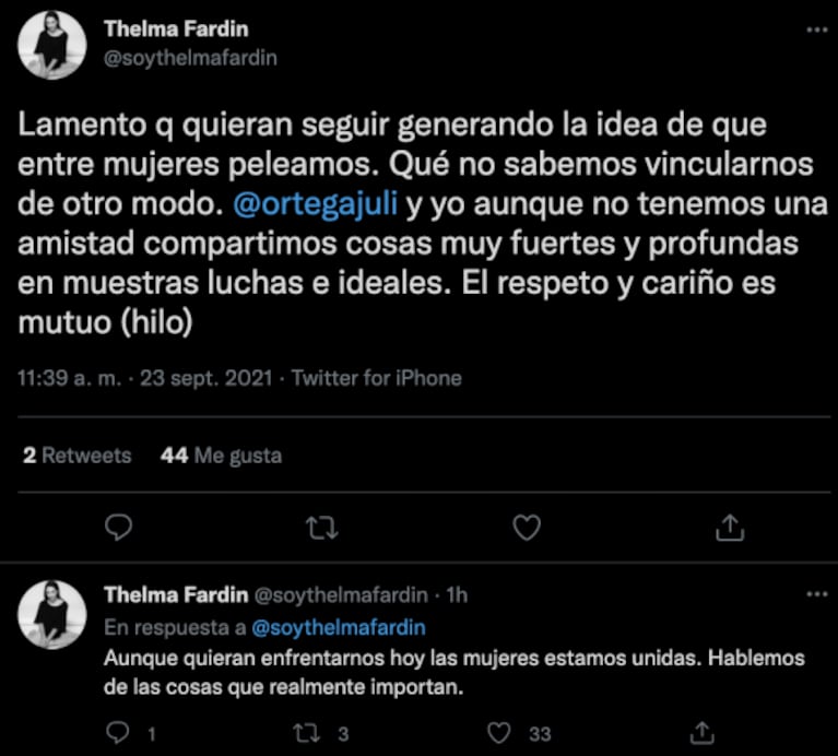  Fuerte descargo de Thelma Fardin por la versión de pelea con Julieta Ortega por su romance con Camilo Vaca Narvaja: "El respeto y cariño es mutuo"