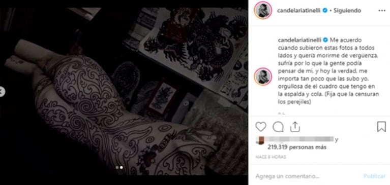 Fuerte mensaje de Cande Tinelli junto a sus fotos desnuda: "Orgullosa del cuadro que tengo en la espalda y cola"