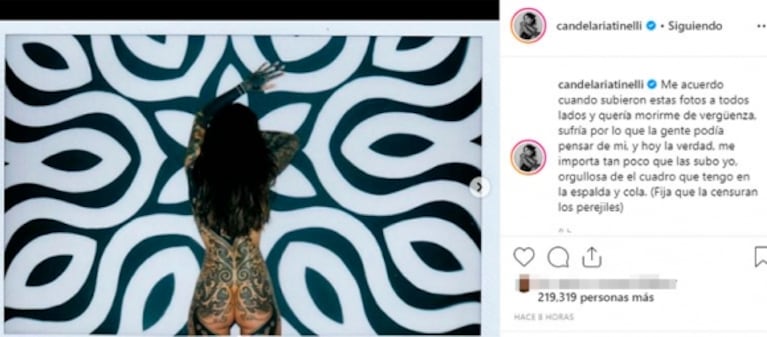 Fuerte mensaje de Cande Tinelli junto a sus fotos desnuda: "Orgullosa del cuadro que tengo en la espalda y cola"