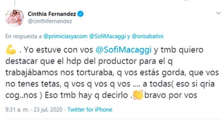 Fuerte mensaje de Cinthia Fernández para Sofía Macaggi al leer su posteo sobre la anorexia: "Nuestro productor nos torturaba"