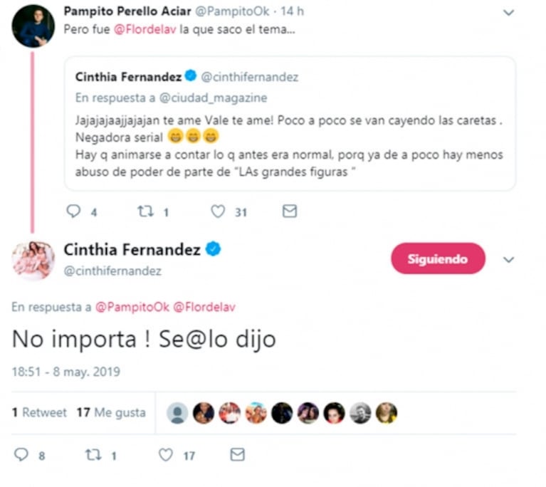 Fuerte mensaje de Cinthia Fernández tras el cruce de Flor de la Ve con Archimó: "Se van cayendo las caretas"