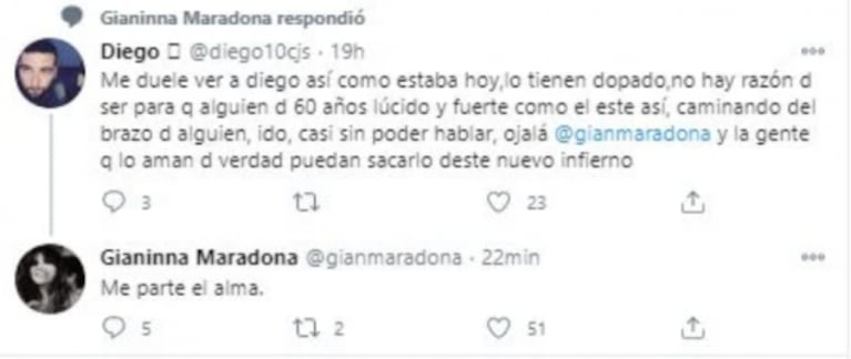 Fuerte mensaje de Gianinna Maradona por la salud de Diego tras verlo en TV: "Me parte el alma"