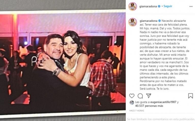 Fuerte mensaje de Gianinna Maradona recordando a Diego, en guerra con Morla: "Perdóname por no haberlos matado antes de que ellos te maten a vos"