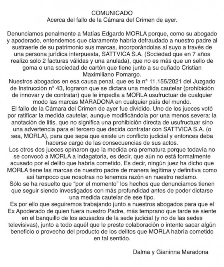 Fuerte mensaje de Gianinna Maradona recordando a Diego, en guerra con Morla: "Perdóname por no haberlos matado antes de que ellos te maten a vos"