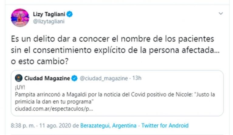 Fuerte mensaje de Lizy Tagliani contra Nicolás Magaldi por contar que la hija de Nicole Neumann tenía coronavirus: "Es un delito"