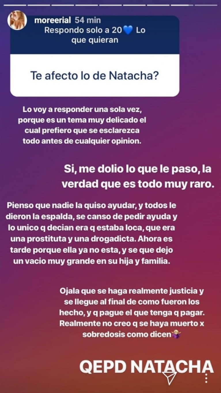 Fuerte mensaje de Morena Rial sobre la muerte de Natacha Jaitt: "Nadie la quiso ayudar; ahora es tarde"