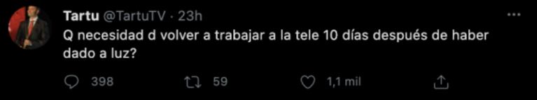Fuerte mensaje de Tartu contra Pampita por volver a La Academia tras el parto de su hija Ana: "¿Qué necesidad?"