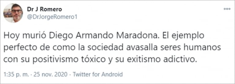 Fuerte mensaje del médico que le salvó la vida a Diego Maradona hace 20 años: "Fue el ejemplo perfecto de cómo la sociedad avasalla seres humanos"