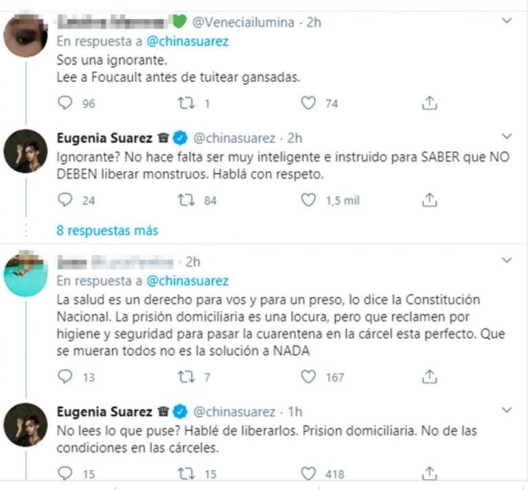 Fuerte posición de la China Suárez sobre los presos y duro cruce con sus seguidores: "No liberen monstruos"