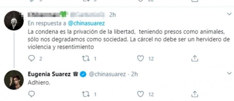 Fuerte posición de la China Suárez sobre los presos y duro cruce con sus seguidores: "No liberen monstruos"
