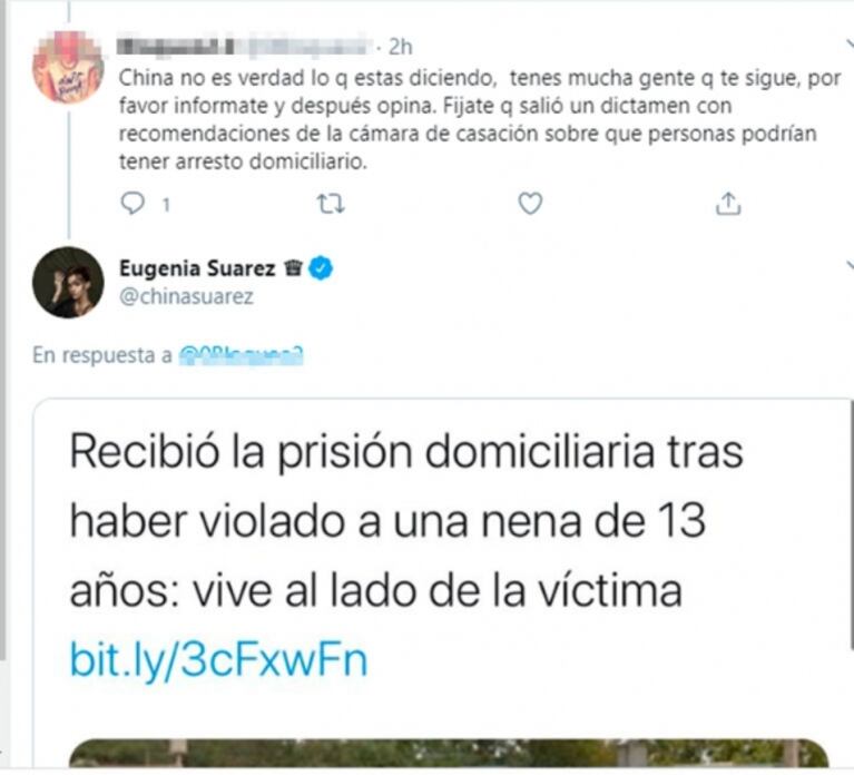 Fuerte posición de la China Suárez sobre los presos y duro cruce con sus seguidores: "No liberen monstruos"