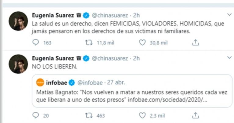 Fuerte posición de la China Suárez sobre los presos y duro cruce con sus seguidores: "No liberen monstruos"