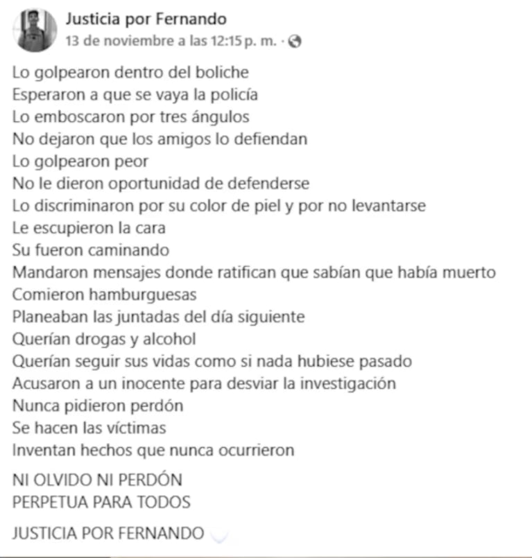 Fuerte posteo de la mamá de Fernando Báez Sosa: “Nunca pidieron perdón, se hacen las víctimas” | Créditos: Facebook Graciela Sosa
