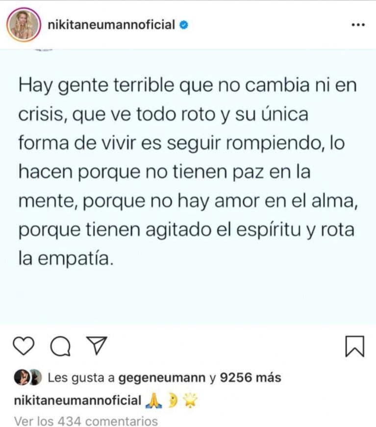 Fuerte posteo de Nicole Neumann luego de que Rial la calificara de "bruta": "Hay gente terrible que no cambia en crisis"