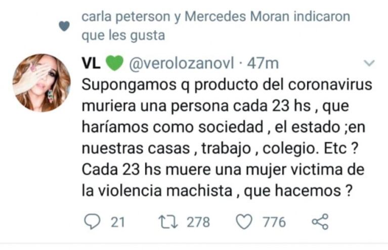 Fuerte pregunta de Vero Lozano vinculada a los femicidios: "Si por coronavirus muriera una persona cada 23 horas, ¿qué haríamos?"