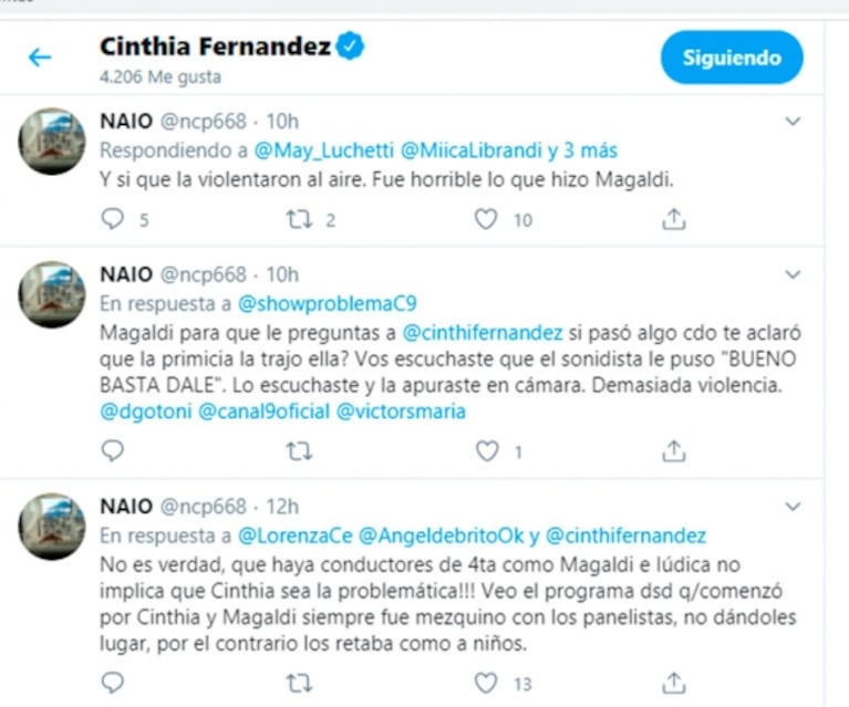 Fuerte reacción de Cinthia Fernández contra Nicolás Magaldi: "Demasiada violencia. Él siempre fue mezquino con los panelistas"