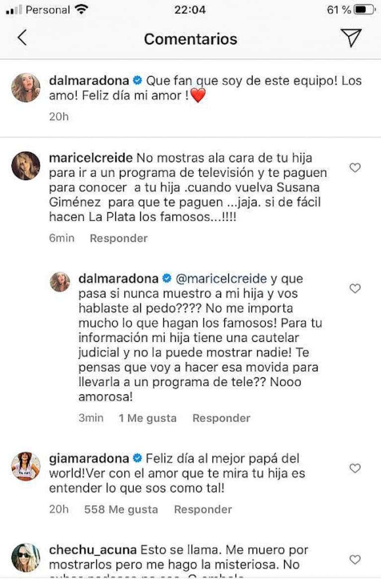 Fuerte reacción de Dalma Maradona contra una mujer que la acusó de querer mostrar a su hija solo si hay plata
