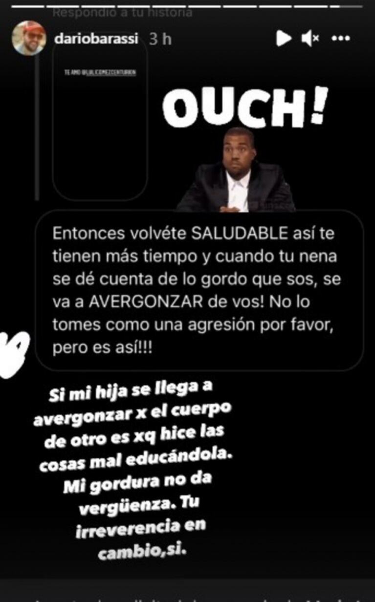 Fuerte reacción de Darío Barassi ante un mensaje discriminador que involucró a su hija: "Mi gordura no da vergüenza"