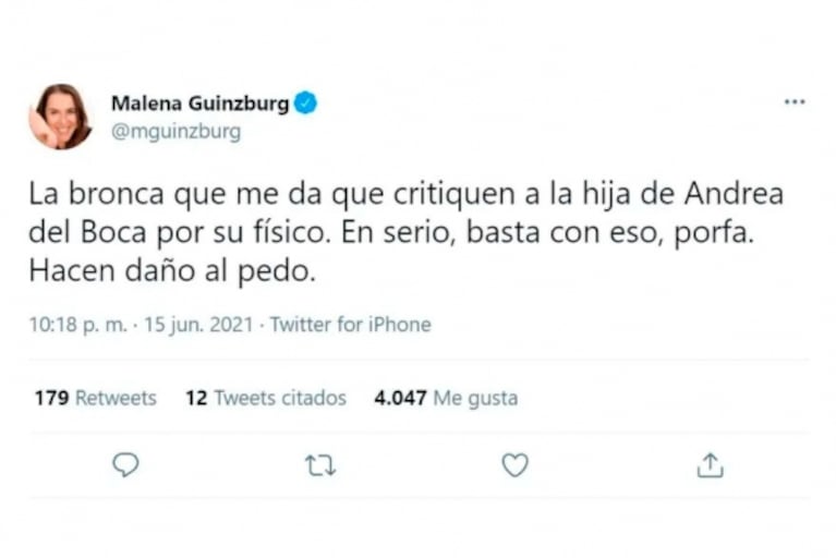 Fuerte reacción de la hija de Andrea del Boca por las críticas a su cuerpo que recibió de los haters
