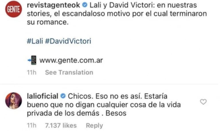 Fuerte reacción de Lali Espósito ante la escandalosa versión de separación de David Victori: "Estaría bueno que no digan cualquier cosa"