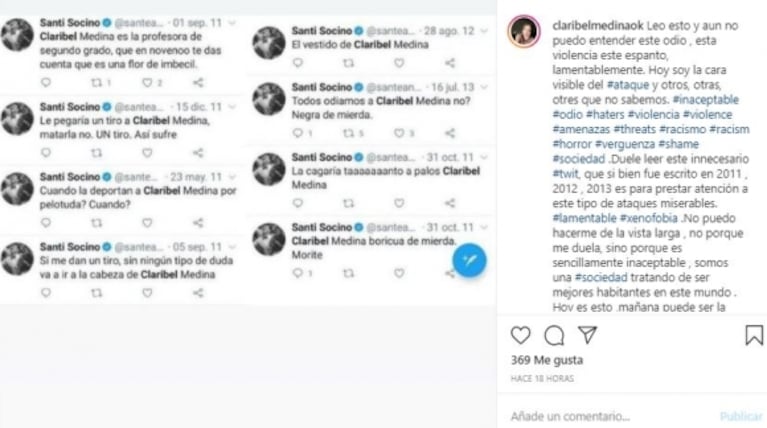 Fuerte respuesta de Claribel Medina al ataque xenófobo del puma Santiago Socino: "Mañana puede ser la muerte"