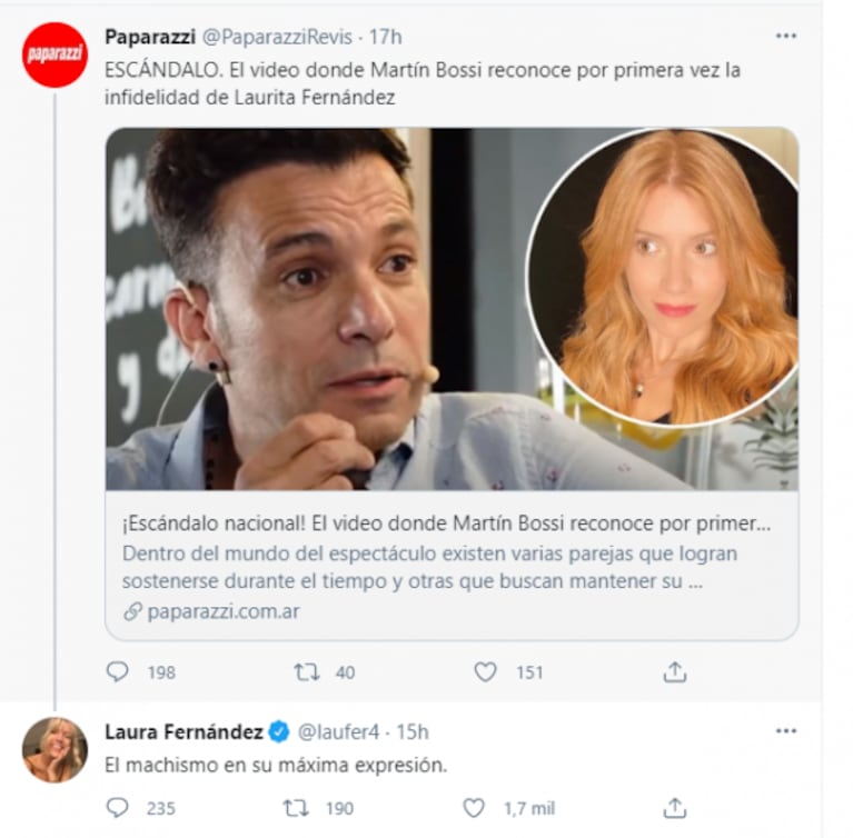 Fuerte respuesta de Laurita Fernández contra Martín Bossi tras declarar que le habría sido infiel a Hoppe: "El machismo en su máxima expresión"